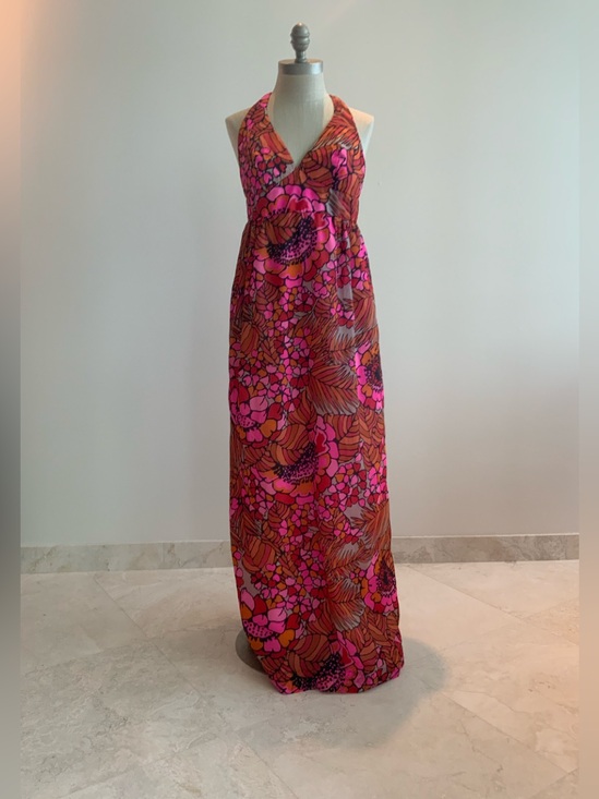 Malia Honolulu Dresses & Skirts - Vintage Malia 70’s Vibrant Pink/Orange Floral Halter Maxi Dress Sz med